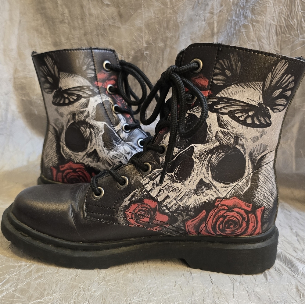 RAAD Black Combat Boots with Skull and Rose